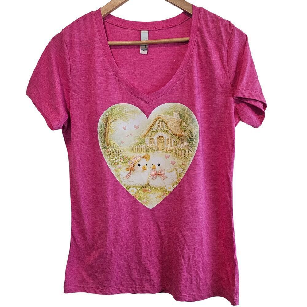 Cottagecore Ducks T-Shirt Womens XL Pink Hearts Farmhouse Granny Retro Fairy